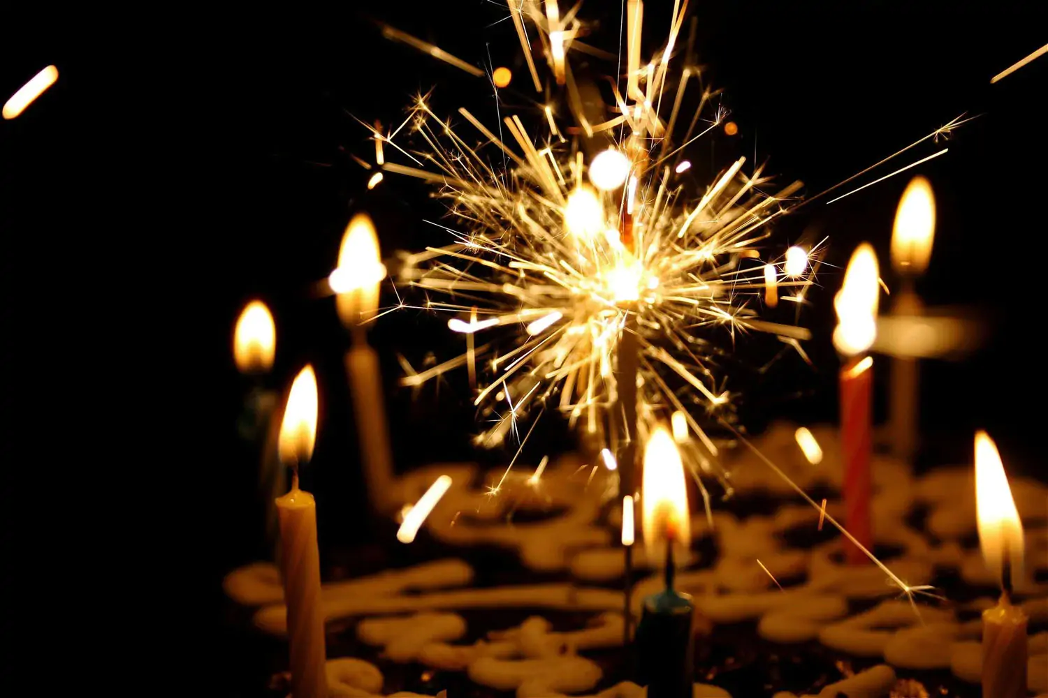 Birthday cake with sparklers for a party celebration.