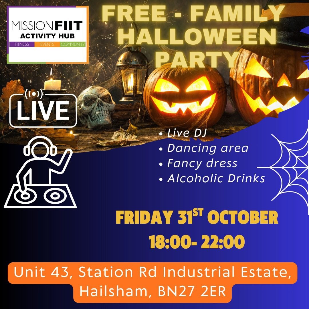 Flyer for Free Family Halloween Party and Kids Disco with fancy dress and aromatic brews.