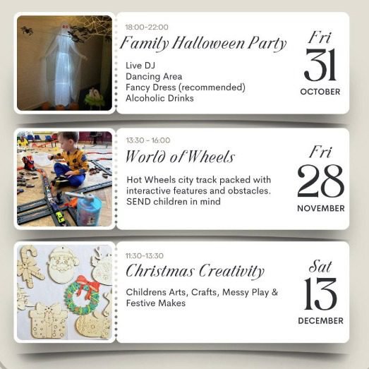 Collage of tickets for various upcoming community and fitness events.