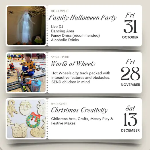 Collage of tickets for various upcoming community and fitness events.