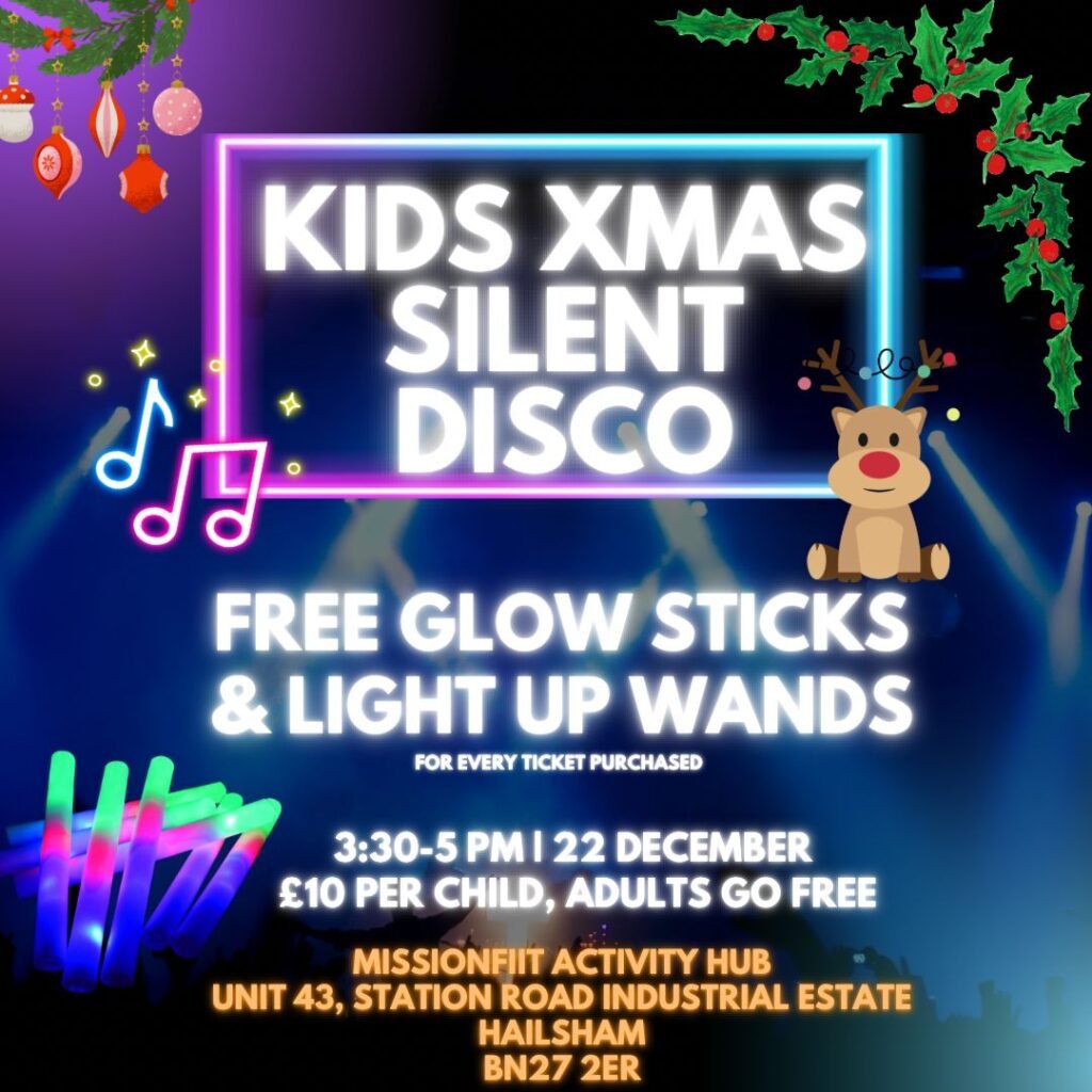 Poster for Kids Christmas Silent Disco in Hailsham with free glow sticks and light up wands.
