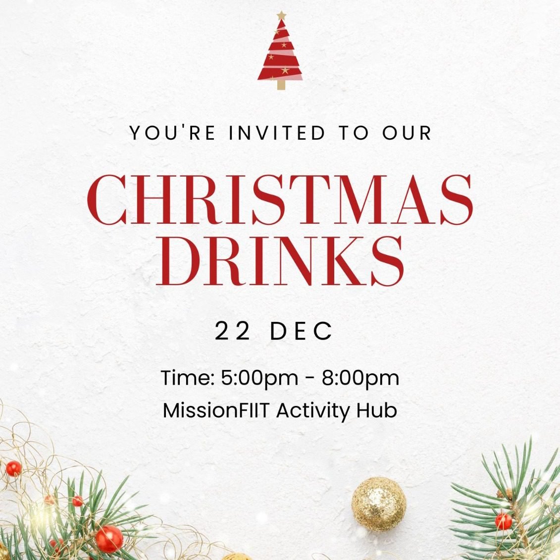 Invitation for community Christmas Drinks social gathering on December 22nd.