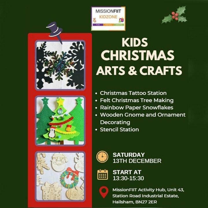 Poster for Kids Christmas Arts and Crafts session making festive decorations.