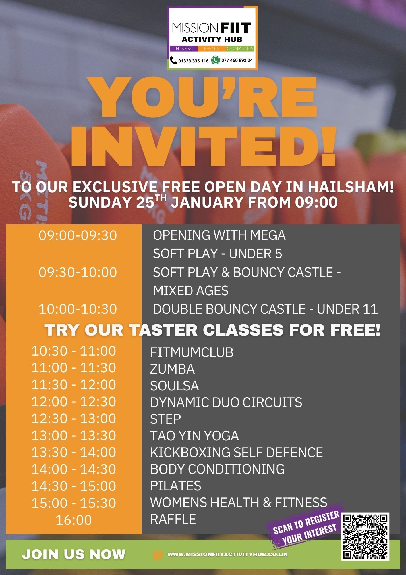 Poster for MissionFIIT Open Day in Hailsham on January 25th featuring free taster classes for spin and yoga plus soft play and bouncy castle.