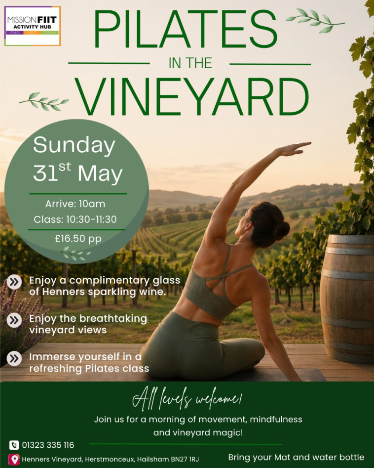 pilates hailsham in vineyard with a glass of wine