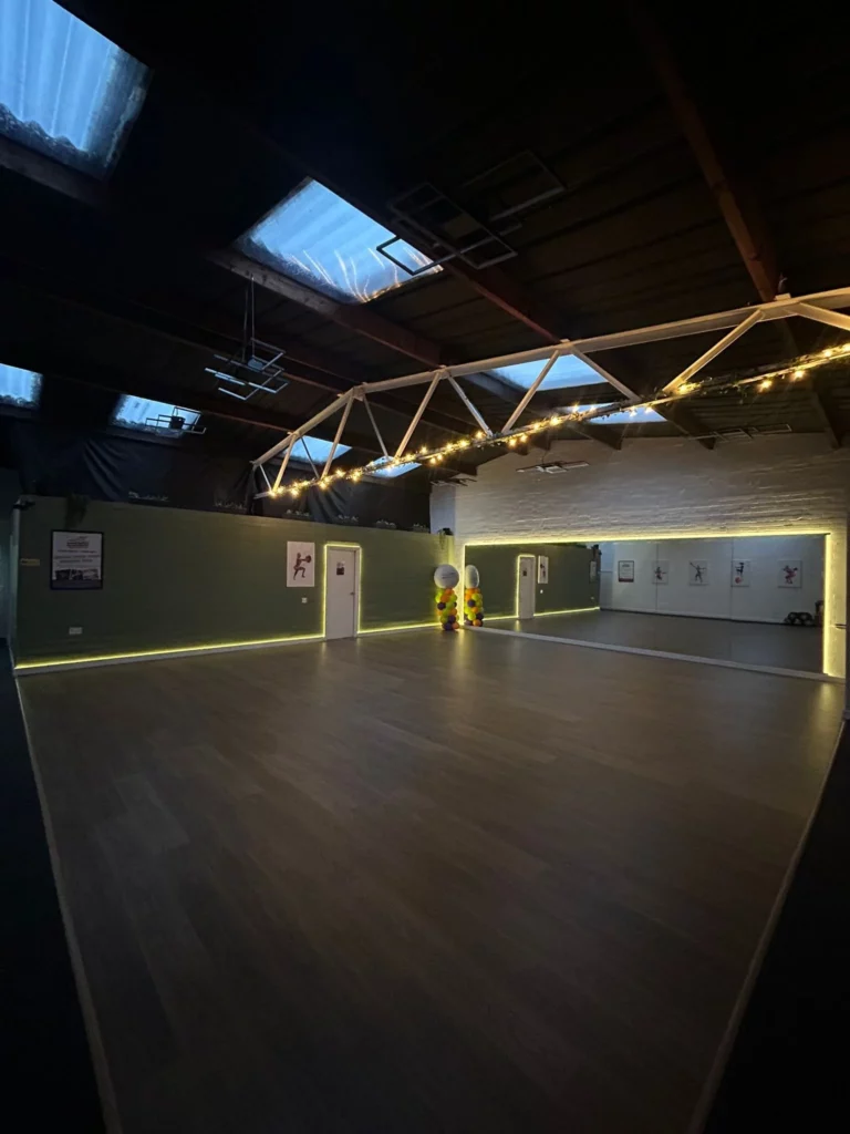Spacious dance studio with mirrored wall, wooden flooring and decorative lighting