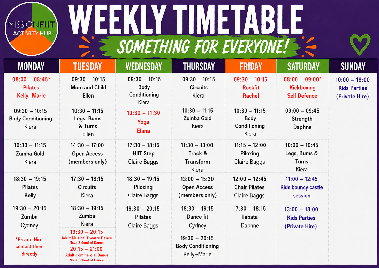 Fitness timetable